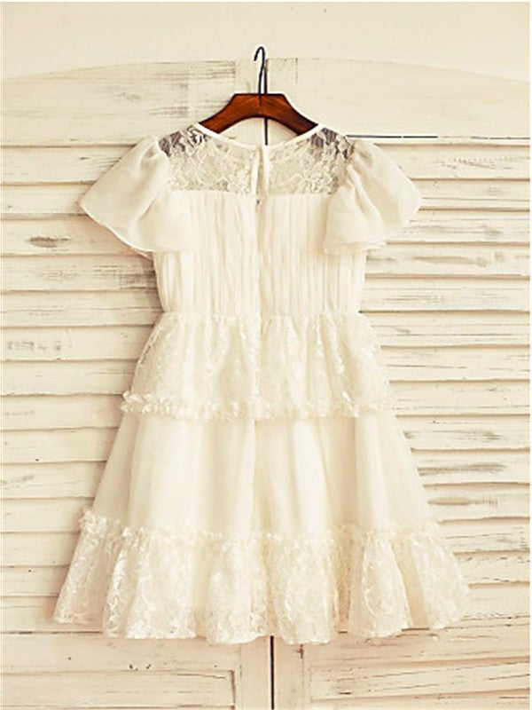 Scoop Chiffon Tea-Length Sleeves Short Lace A-line/Princess Flower Girl Dresses