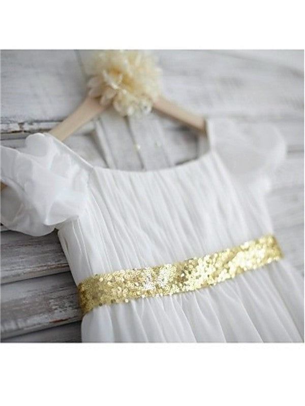 Sleeves Tea-Length Beading Short A-line/Princess Bateau Chiffon Flower Girl Dresses