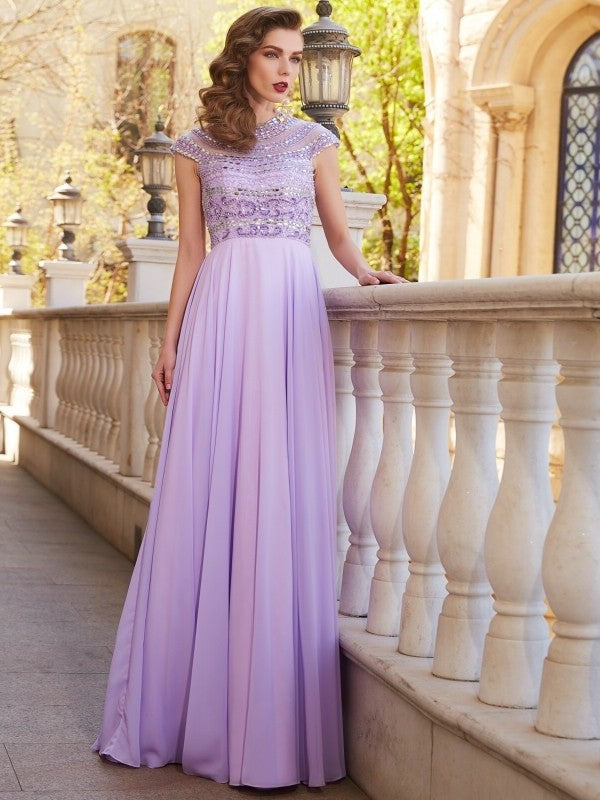 Short A-Line/Princess Scoop Floor-Length Sleeves Beading Chiffon Dresses