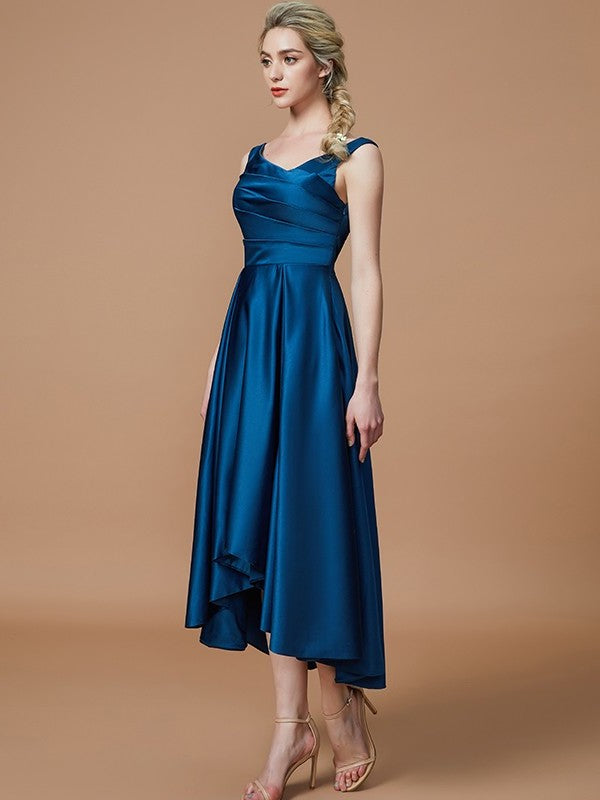 V-neck Asymmetrical A-Line/Princess Satin Sleeveless Bridesmaid Dresses