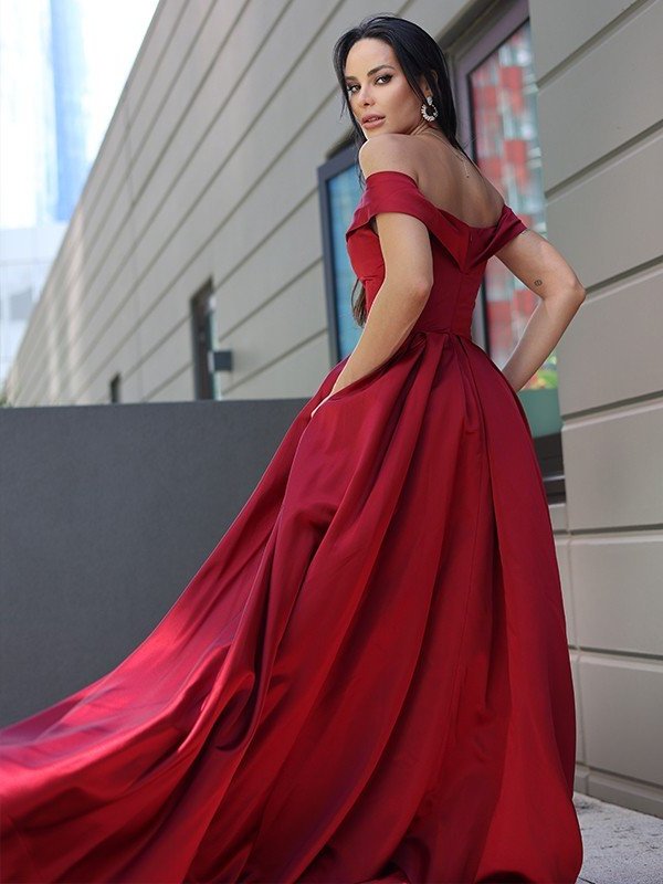 Satin Ruffles A-Line/Princess Sleeveless Off-the-Shoulder Sweep/Brush Train Dresses