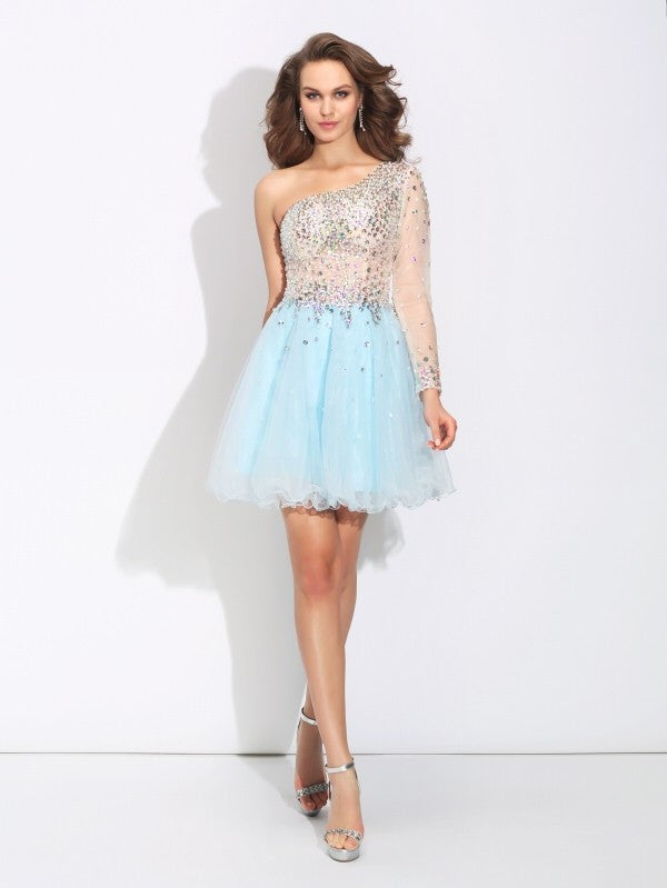 Maleah A-Line/Princess One-Shoulder Beading Long Sleeves Short Elastic Homecoming Dresses Woven Satin Dresses