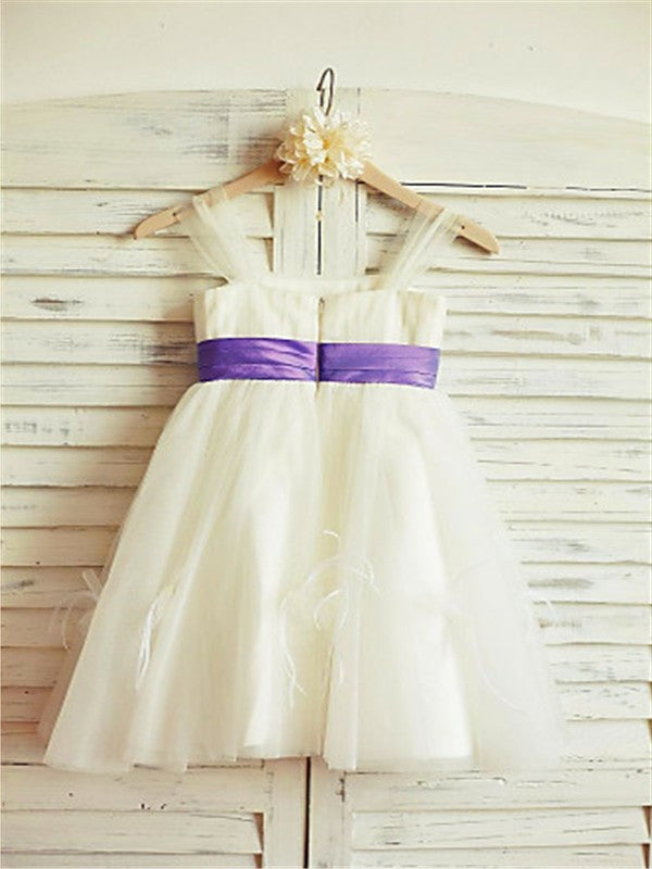 Tulle Ruffles Tea-Length Sleeveless A-line/Princess Straps Flower Girl Dresses