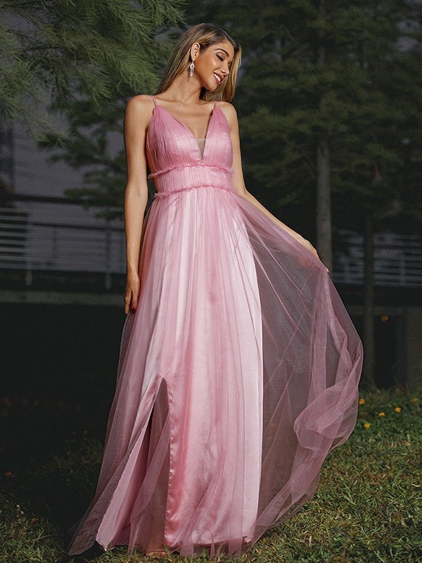 Sweep/Brush Ruffles V-neck Tulle A-Line/Princess Sleeveless Train Bridesmaid Dresses