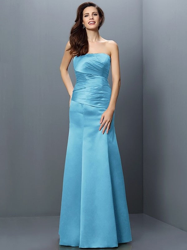 Strapless Pleats Long Sleeveless Sheath/Column Satin Bridesmaid Dresses