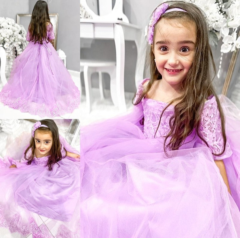 Tulle Sleeves Ball 1/2 Off-the-Shoulder Sweep/Brush Lace Gown Train Flower Girl Dresses