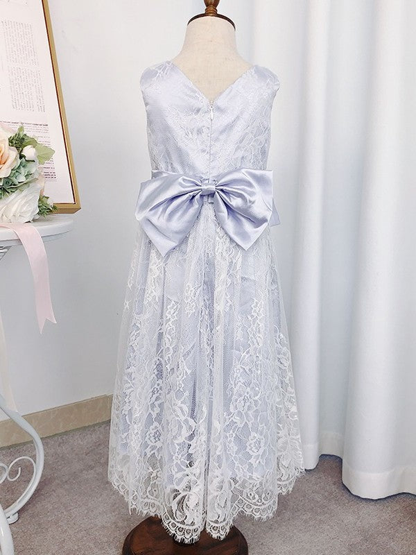 Lace Sleeveless Tea-Length A-Line/Princess Bowknot Scoop Flower Girl Dresses