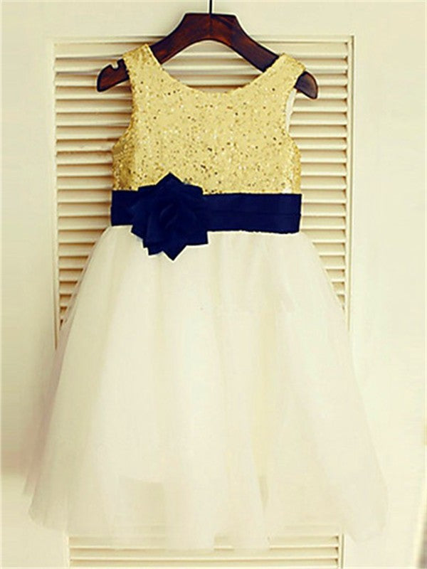 A-line/Princess Scoop Sleeveless Tulle Sequin Knee-Length Flower Girl Dresses