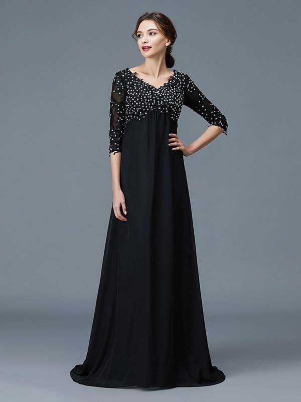 V-neck of Beading 1/2 Floor-Length Chiffon Sleeves A-Line/Princess Mother the Bride Dresses