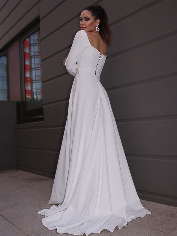 A-Line/Princess Crepe Sleeves Long Ruffles Square Stretch Sweep/Brush Train Wedding Dresses