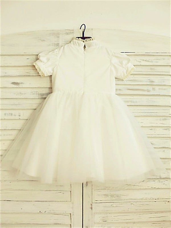 Tulle Tea-Length Sleeves Short Lace A-line/Princess High Neck Flower Girl Dresses