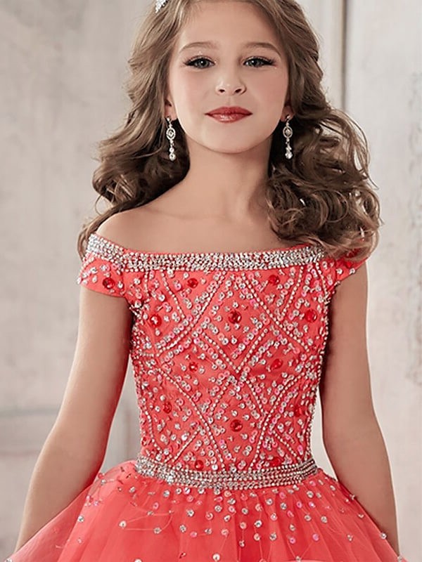 Gown Tulle Ball Floor-Length Sleeveless Beading Off-the-Shoulder Flower Girl Dresses