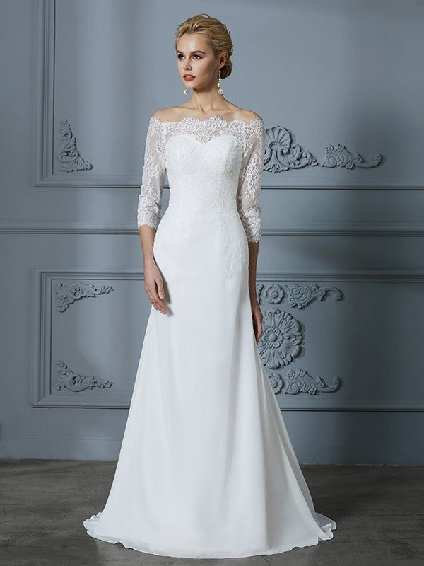 Sweep/Brush Sleeves Off-the-Shoulder 1/2 Train Trumpet/Mermaid Chiffon Wedding Dresses