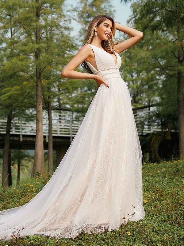 V-neck Ruffles Tulle Sleeveless Sweep/Brush A-Line/Princess Train Wedding Dresses