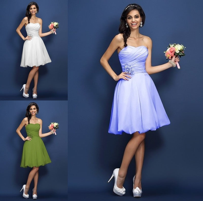 Hand-Made Sleeveless Short A-Line/Princess Strapless Flower Chiffon Bridesmaid Dresses