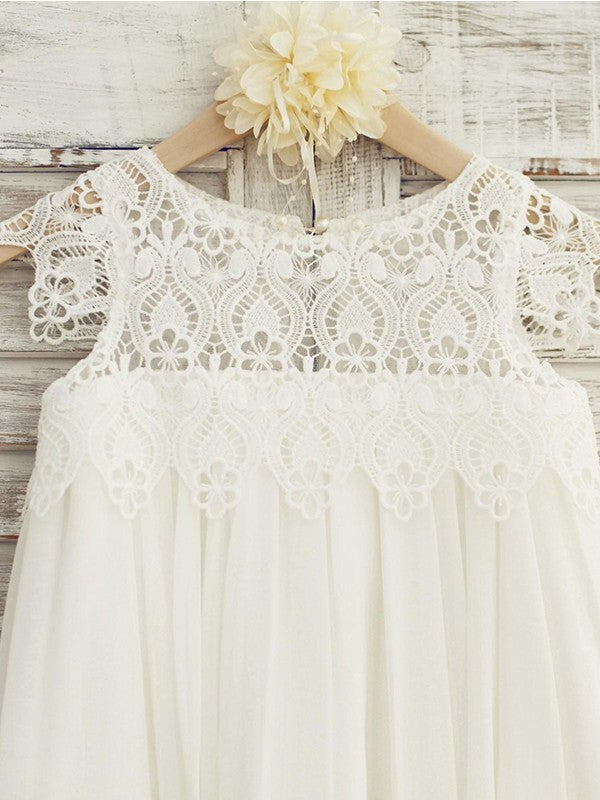 A-Line/Princess Scoop Short Lace Knee-Length Chiffon Sleeves Flower Girl Dresses