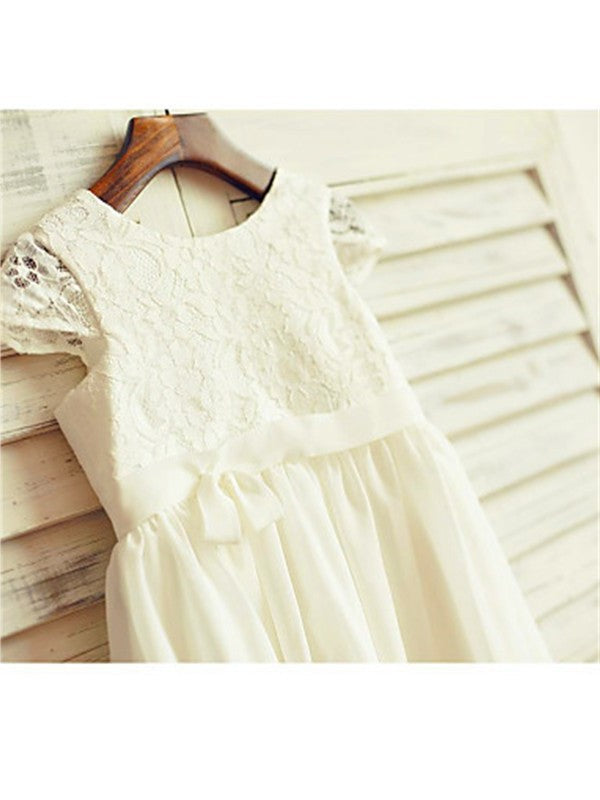 Lace Chiffon Sleeves Short Tea-Length Scoop A-line/Princess Flower Girl Dresses