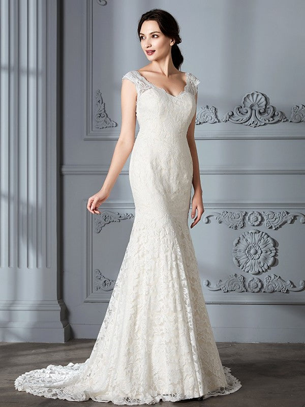 Lace V-Neck Sleeveless Sweep/Brush Trumpet/Mermaid Train Wedding Dresses