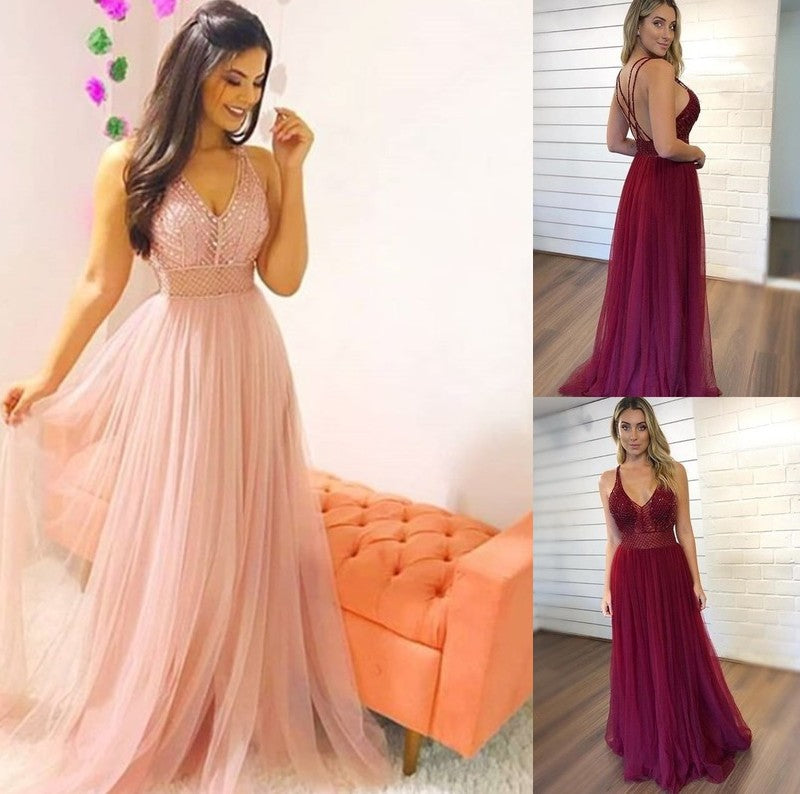 Train A-Line/Princess Sweep/Brush V-neck Sleeveless Crystal Tulle Dresses