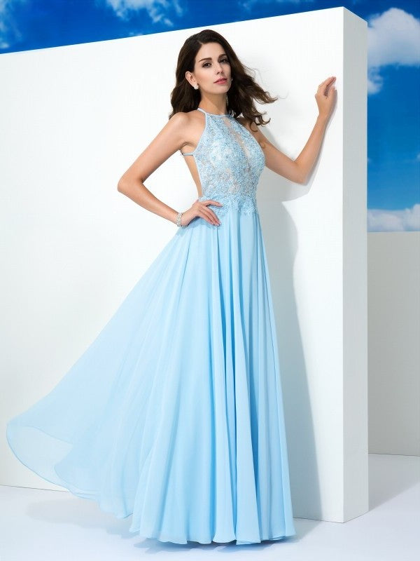 Spaghetti Sleeveless Applique A-Line/Princess Straps Long Chiffon Dresses