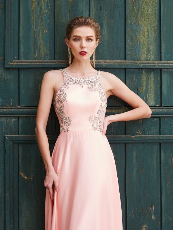 A-Line/Princess Beading Scoop Sleeveless Satin Floor-Length Dresses