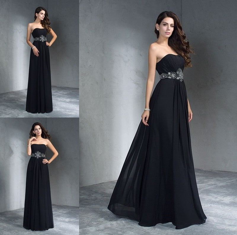 Strapless A-Line/Princess Beading Sleeveless Long Chiffon Dresses