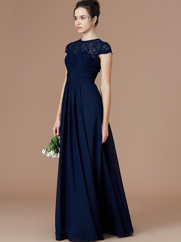 Lace Sleeves Jewel A-Line/Princess Short Floor-Length Chiffon Bridesmaid Dresses