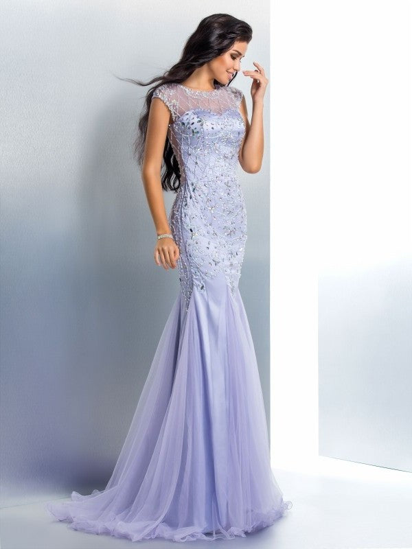 Beading Sleeveless Sheer Trumpet/Mermaid Neck Long Satin Dresses