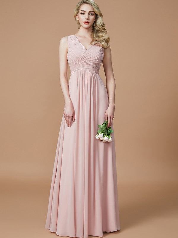 V-neck Ruched Floor-Length Sleeveless A-Line/Princess Chiffon Bridesmaid Dresses