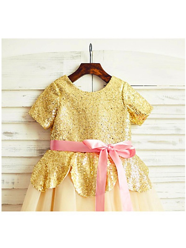 Scoop A-line/Princess Short Tulle Sequin Tea-Length Sleeves Flower Girl Dresses