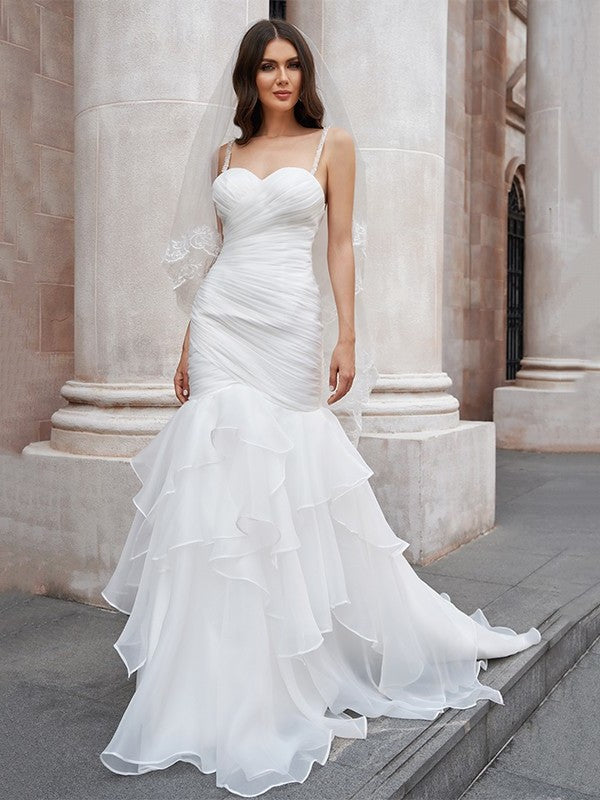 Straps Trumpet/Mermaid Sleeveless Layers Spaghetti Organza Sweep/Brush Train Wedding Dresses