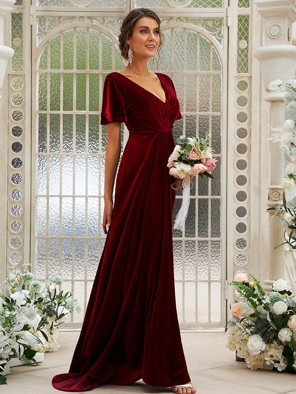 Sweep/Brush Velvet Ruched Sleeves A-Line/Princess V-neck Short Train Bridesmaid Dresses