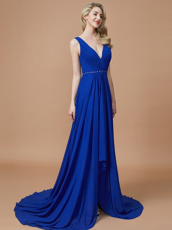 V-neck Chiffon Sleeveless Sweep/Brush A-Line/Princess Train Bridesmaid Dresses