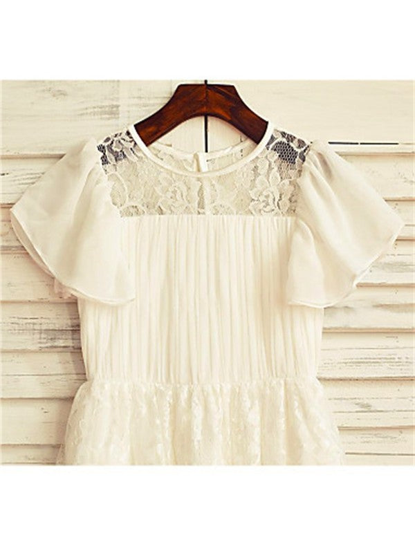 Scoop Chiffon Tea-Length Sleeves Short Lace A-line/Princess Flower Girl Dresses