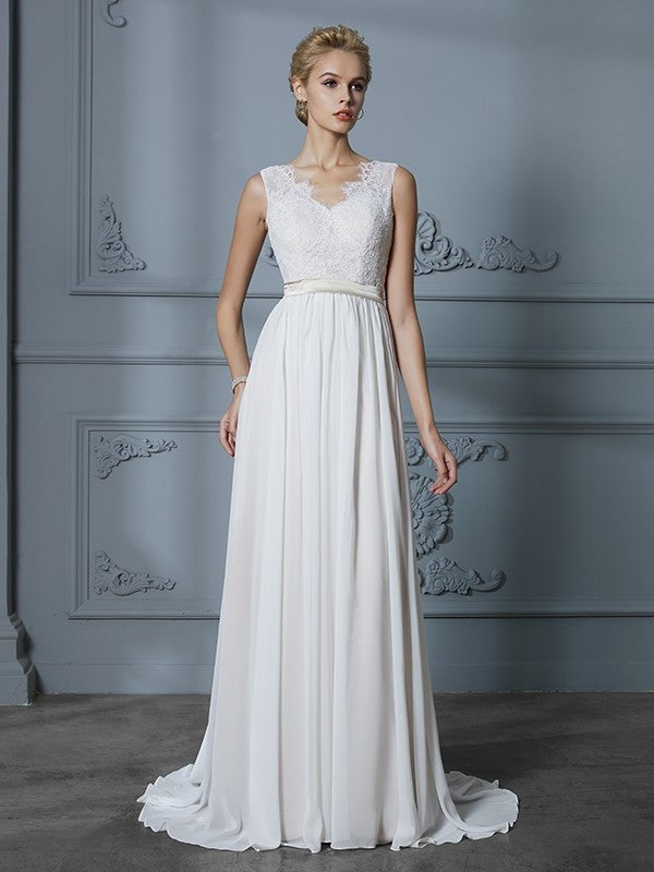 V-neck A-Line/Princess Chiffon Court Sleeveless Train Wedding Dresses