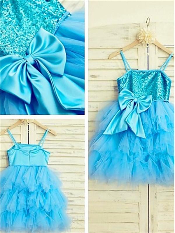 Sequin Spaghetti Tea-Length Net Sleeveless A-line/Princess Straps Flower Girl Dresses