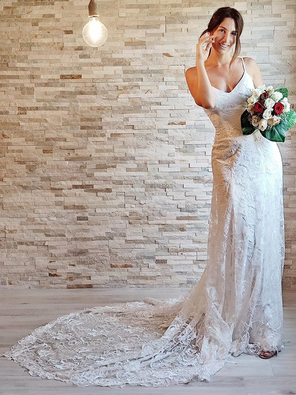 Lace Applique Sleeveless Sheath/Column Court Straps Spaghetti Train Wedding Dresses