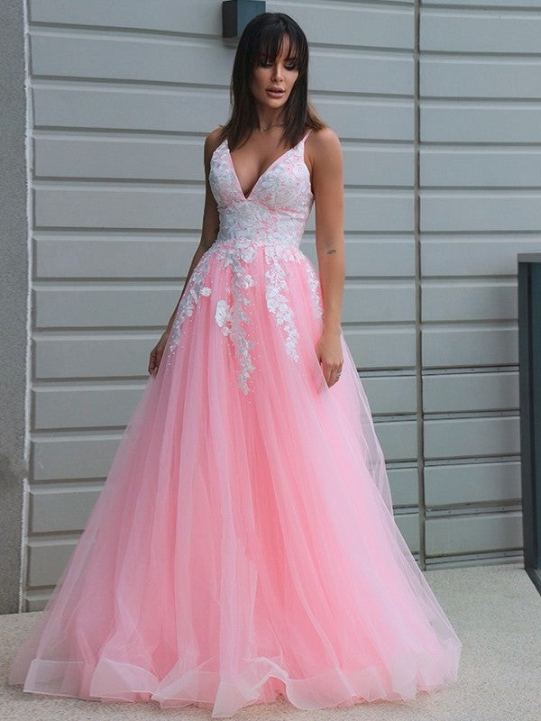 A-Line/Princess Tulle Applique V-neck Sleeveless Floor-Length Dresses