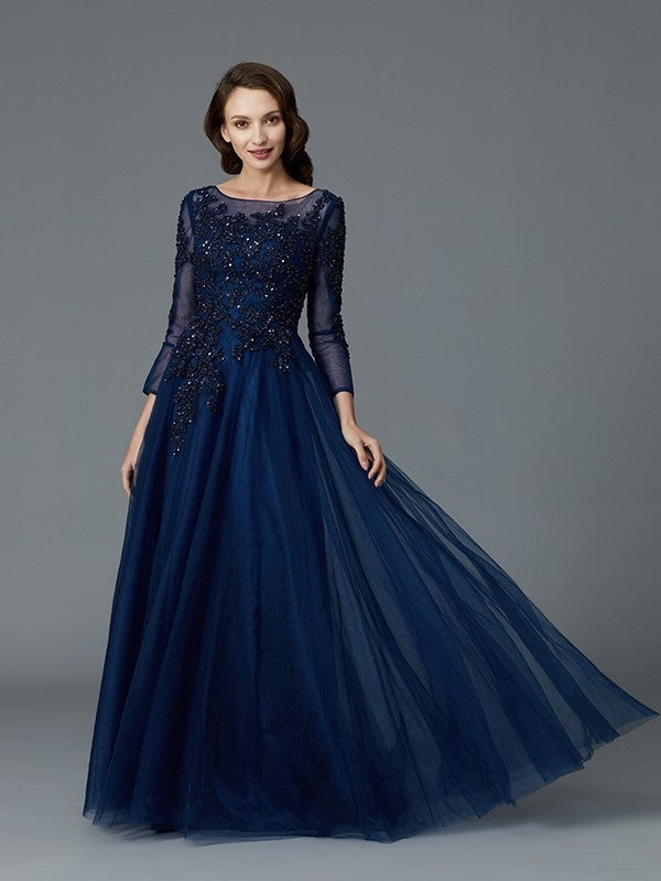 Tulle Beading Sleeves of Long Floor-Length A-Line/Princess Mother Scoop the Bride Dresses