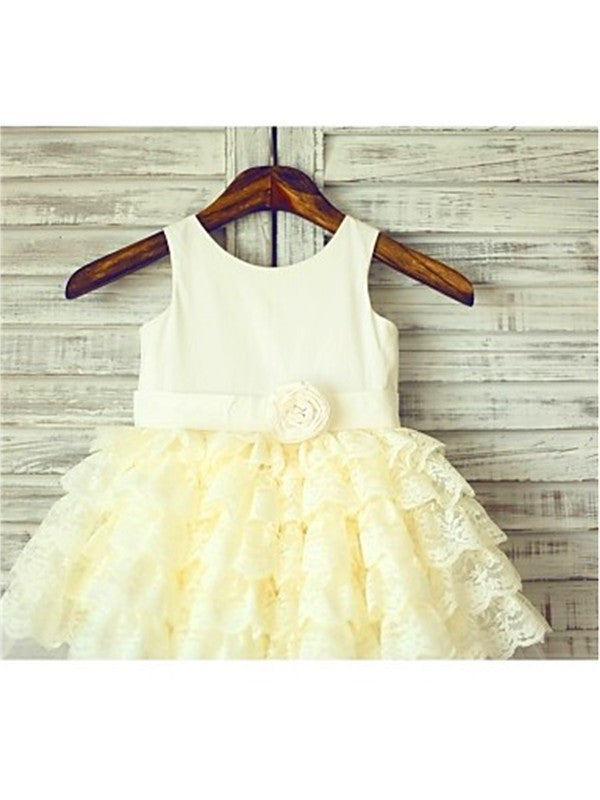 Sleeveless Ball Tea-Length Scoop Lace Gown Layers Flower Girl Dresses