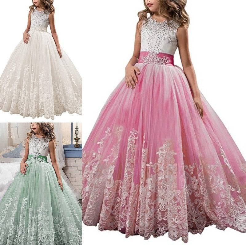 Gown Jewel Train Tulle Sleeveless Ball Lace Sweep/Brush Flower Girl Dresses