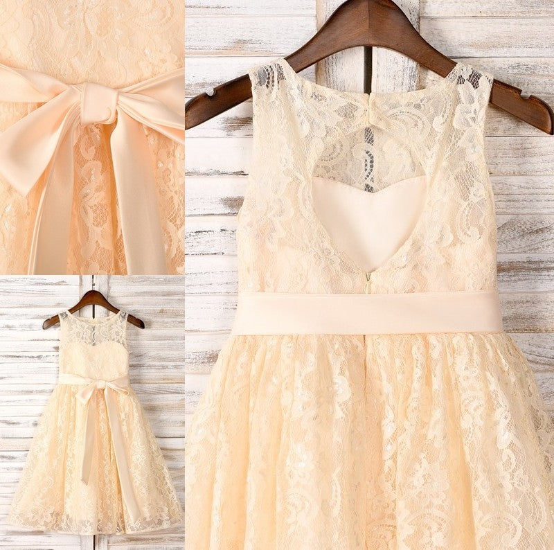 Lace Sash/Ribbon/Belt Scoop Sleeveless Tea-Length A-Line/Princess Flower Girl Dresses