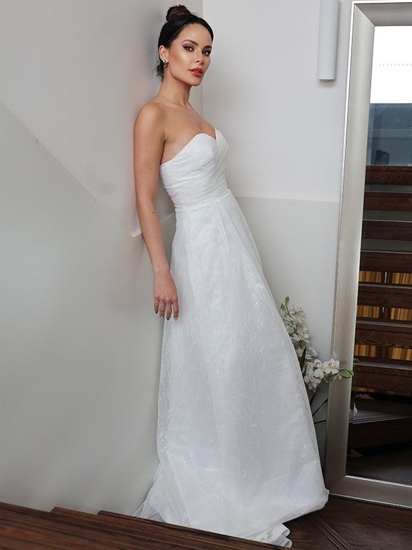 Sweetheart Sleeveless A-Line/Princess Ruched Sweep/Brush Train Wedding Dresses