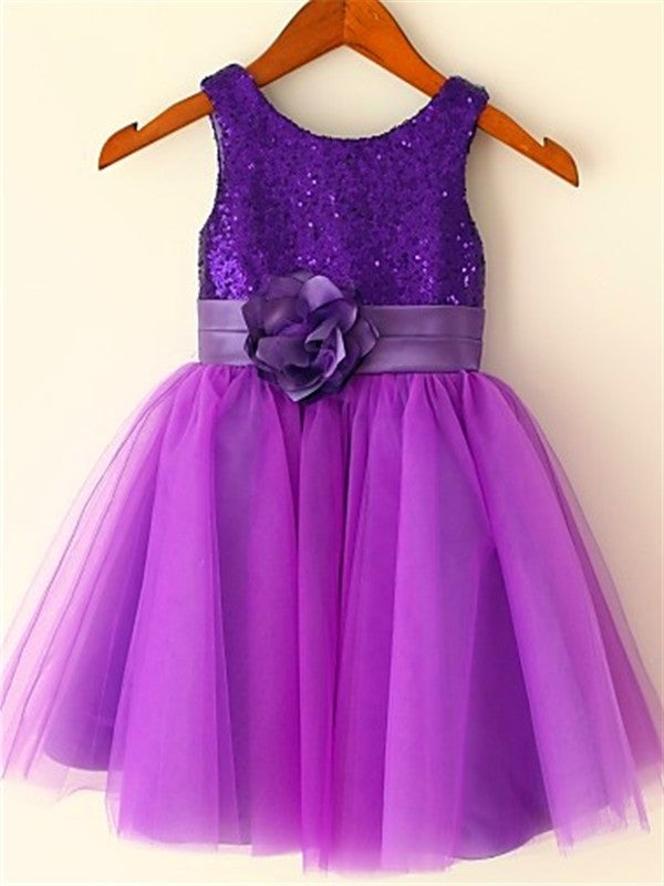 A-line/Princess Scoop Tulle Sleeveless Sequin Tea-Length Flower Girl Dresses