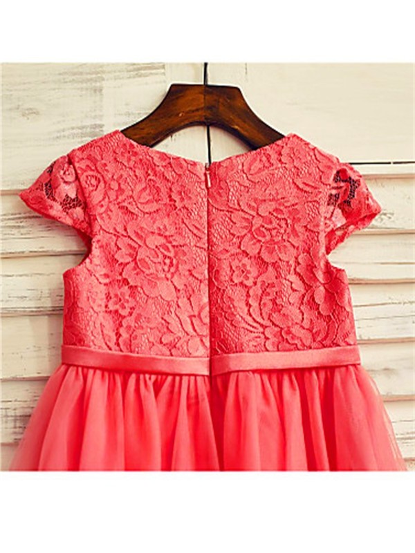 Tulle A-line/Princess Sleeves Tea-Length Scoop Lace Short Flower Girl Dresses