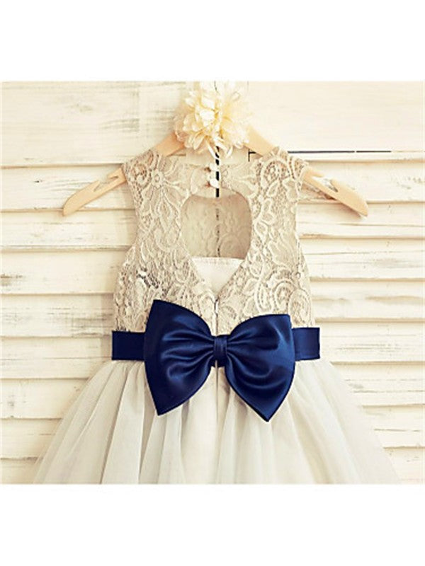 Tea-Length Tulle Sleeveless Scoop A-line/Princess Lace Flower Girl Dresses