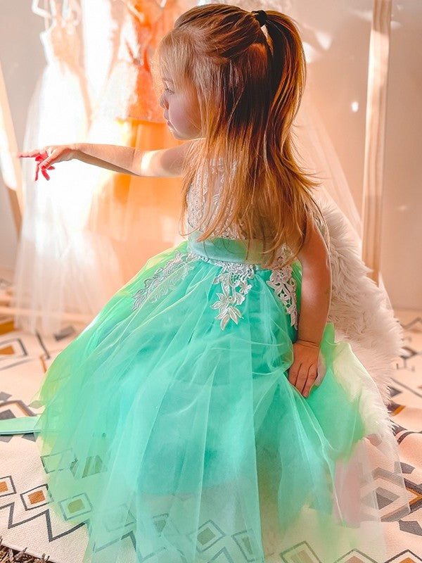 Sleeveless Tulle Knee-Length Scoop Applique A-Line/Princess Flower Girl Dresses