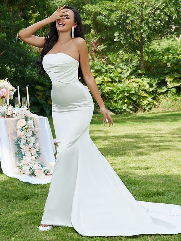 Sleeveless Sweep/Brush Strapless Satin Ruched Trumpet/Mermaid Train Wedding Dresses