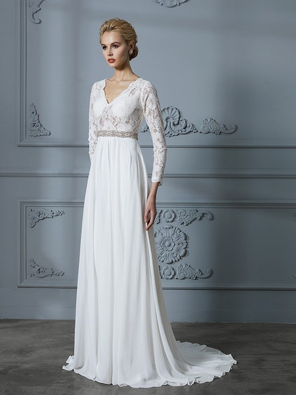 Sweep/Brush A-Line/Princess V-neck Lace Sleeves 3/4 Train Chiffon Wedding Dresses