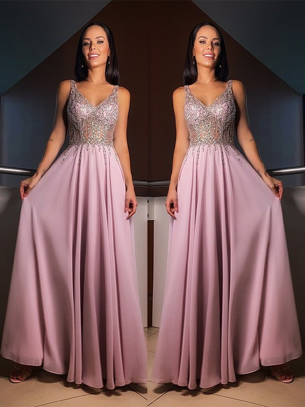 Chiffon Sleeveless A-Line/Princess V-neck Beading Floor-Length Dresses